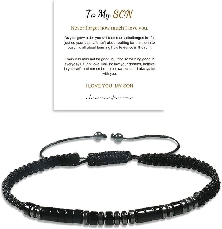 Morse Code Bracelet,I Love You My Son,Men's Adjustable Personalized Inspirational Magnetic Bracelets,School Season Gift for Son (black)