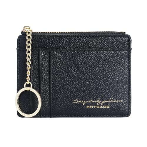 Sugeru Portemonnaie Damen Mini,Kleine PU Leder Geldbörse mit Reißverschluss,viele Fächer,Schlüsselanhänger,Zipper Portmonee mit 8Kartenfächern,Schmal Minimalistischer Kartenetui (Schwarz)