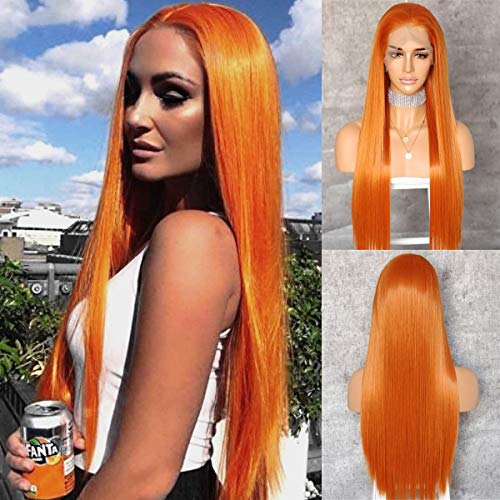WIGODDESS Orange Long Lace Front Halloween Wig, Kanekalon Futura Hair No-Tangle Natural Hairline 6×13 Deep Big Lace Freedom Part Daily Makeup Orange Straight hair Synthetic Lace Front Wigs For Women