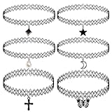 xwnyzw 6 Pcs Gothic Choker Necklaces for Women Set, Black Choker Necklace for Women with Moon Star Pearl Butterfly Cross Fashion Accessories, Lace Choker Gothic Jewellery Black Chocker Teen Girls