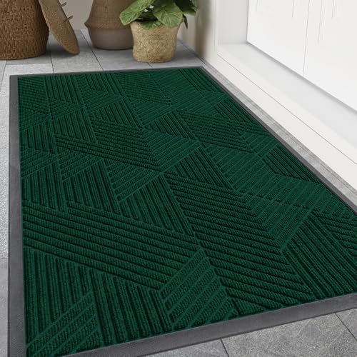 Image of Smiry Front Door Mat Outside Entrance, Heavy Duty Sturdy Natural Rubber Doormat, Trap Dirt and Moisture, Easy Clean Low Profile Mats for Indoor Outdoor Entry, Irregular Triangle (47x32, Deep Green)