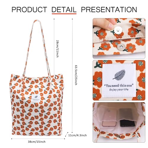 Image of Ayieyill Corduroy Tote Bag for Women Canvas Shoulder Cord Purse with Inner Pocket