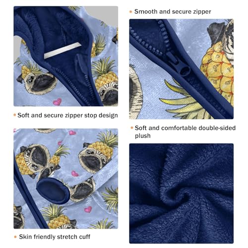 Pug Dog in A Gold Pineapple Crown Girls Fleece Jacket Girls Fall Jacket Girls Zip Up Hoodie Girls Sherpa Jacket 2-10T3