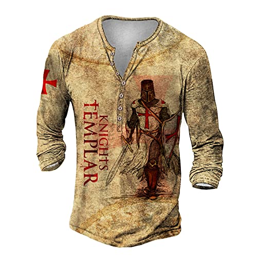 PERSIMONE Camisetas con Estampado 3D de los Caballeros Templarios para Hombre, Camiseta Henley táctica desgastada Vintage de Manga Larga con Cuello Henley Retro Informal Cover