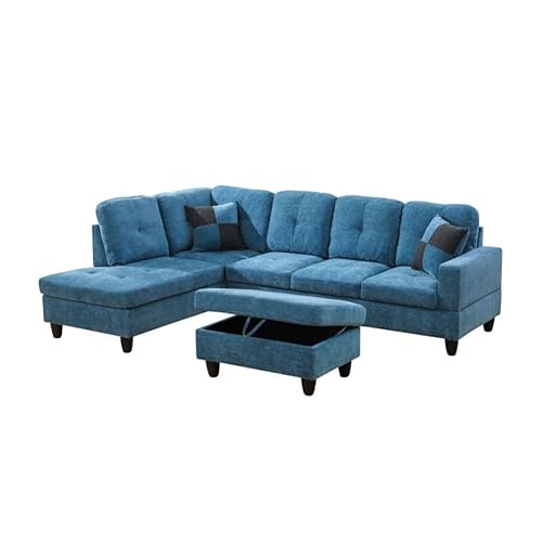 L-Shaped 3-Piece Flannel Sofa with Storage Ottoman Set, Sectional Couch