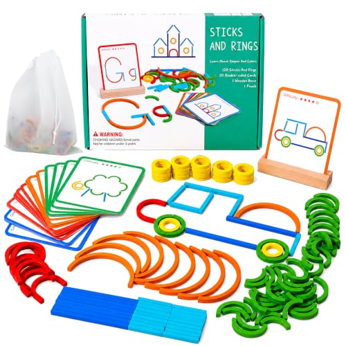 Image of Kidology Sticks & Rings Building Set Toys for Kids | 120 Pcs Shapes Learning Puzzle Toy Game for Kids | 20 Double-Sided Pattern Cards & Wooden Base | STEM Montessori Brain Game for Boys & Girls