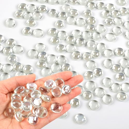 Deepton Glass Pebbles 150 PCS Flat Glass Beads for Vases Approx 360g Clear Decorative Stones for Aquariums Vases Flowerpots Mosaics and Outdoor Landscaping (12-14mm)
