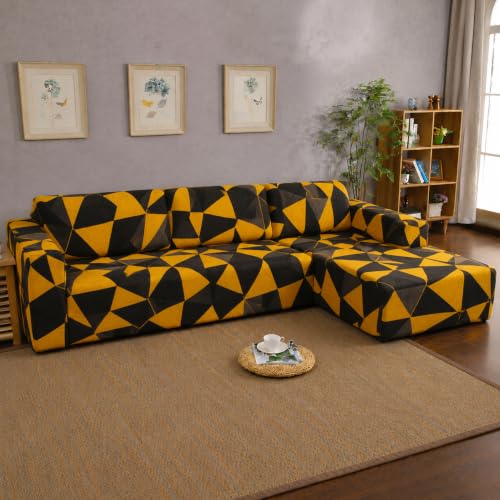Image of Gifts Island Premium 160GSM Super Soft Yelllow Prism Stretchable Sofa Cover L Shape 5 Seater Fully Covered | Suitable for Both Left and Right Side Chaise Sofa (Yellow Prism, 3+2 Seater)
