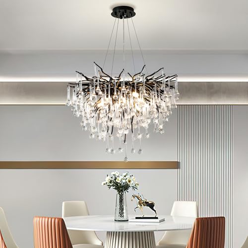 YIOSI 24' Black Chandelier, 8-Light Modern Crystal Tree Branch Chandelier, Luxury Round K9 Crystal Raindrop Chandeliers Light Fixture for Dining Room, Living Room, Bedroom, Foyer, Entryway, Kitchen