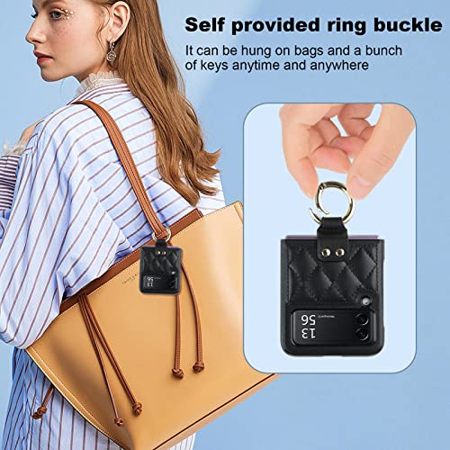 Vofolen Case For Samsung Galaxy Z Flip 3 With Ring, Luxury Soft Rhomboid For Women Men Pu Leather + Hard Pc Shell Ultra Thin Slim Durable Shockproof Protective Cover For Galaxy Z Flip 3 5G Black #TOP6