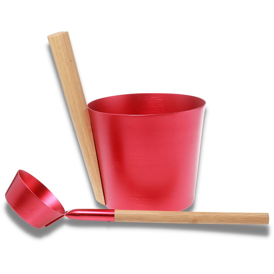 SULENO Sauna Set ANEA Aufgusskübel 5 Liter Schöpfkelle, rot metallic | Saunakübel Kübel Kelle