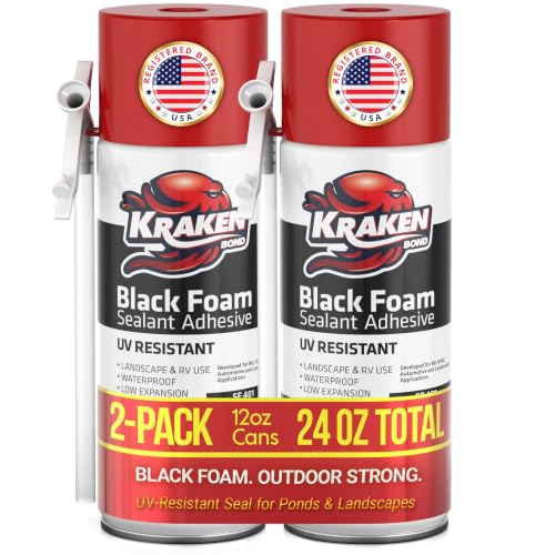 Kraken Bond Black Spray Waterfall Foam Sealant - (2x12oz) Expanding Polyurethane Pond Foam Sealer Black UV Resistant Insulating Spray for Landscape & Exterior Straw Use 2 Pack