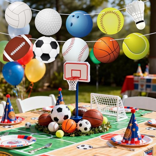 Image of Hooqict Sports Themed Party Decorations Happy Birthday Banner Baseball Football Basketball Golf Soccer Volleyball Softball Party Banner Garland Sign for Sports Birthday Party Decorations Supplies