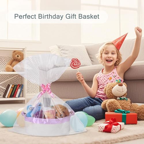 Image of COMSE Small Gift Basket Empty with Bag & Ribbons, Purple & White