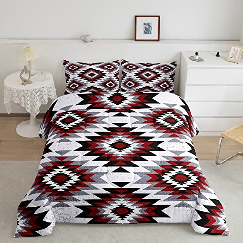 Kids Southwest Native American Design Comforter Set Full Size Red Grey Geometric Bedding Set for Boys Girls Teens Bedroom Decor Tribal Comforter Set Women Men Duvet Set with 2 Pillow Case