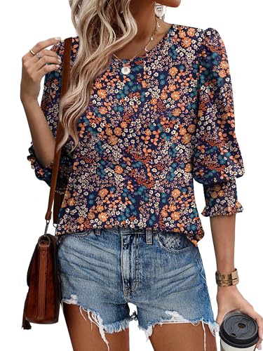 Image of XIEERDUO Blouses for Women Dressy Casual 3 /4 Length Sleeve Womens Tops with Smocked Cuffs