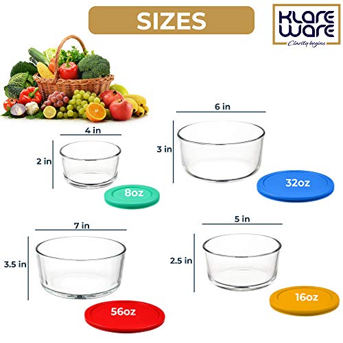 Klare Ware 1 Cup 2 Cup 4 Cup 7 Cup Glass Food Storage Containers Stackable Meal Prep Lunch Bento Or Leftover Salad Bowls Dish W Bpa Free Lids 8 Piece Multi Color Set (8 Pcs Set) #TOP1