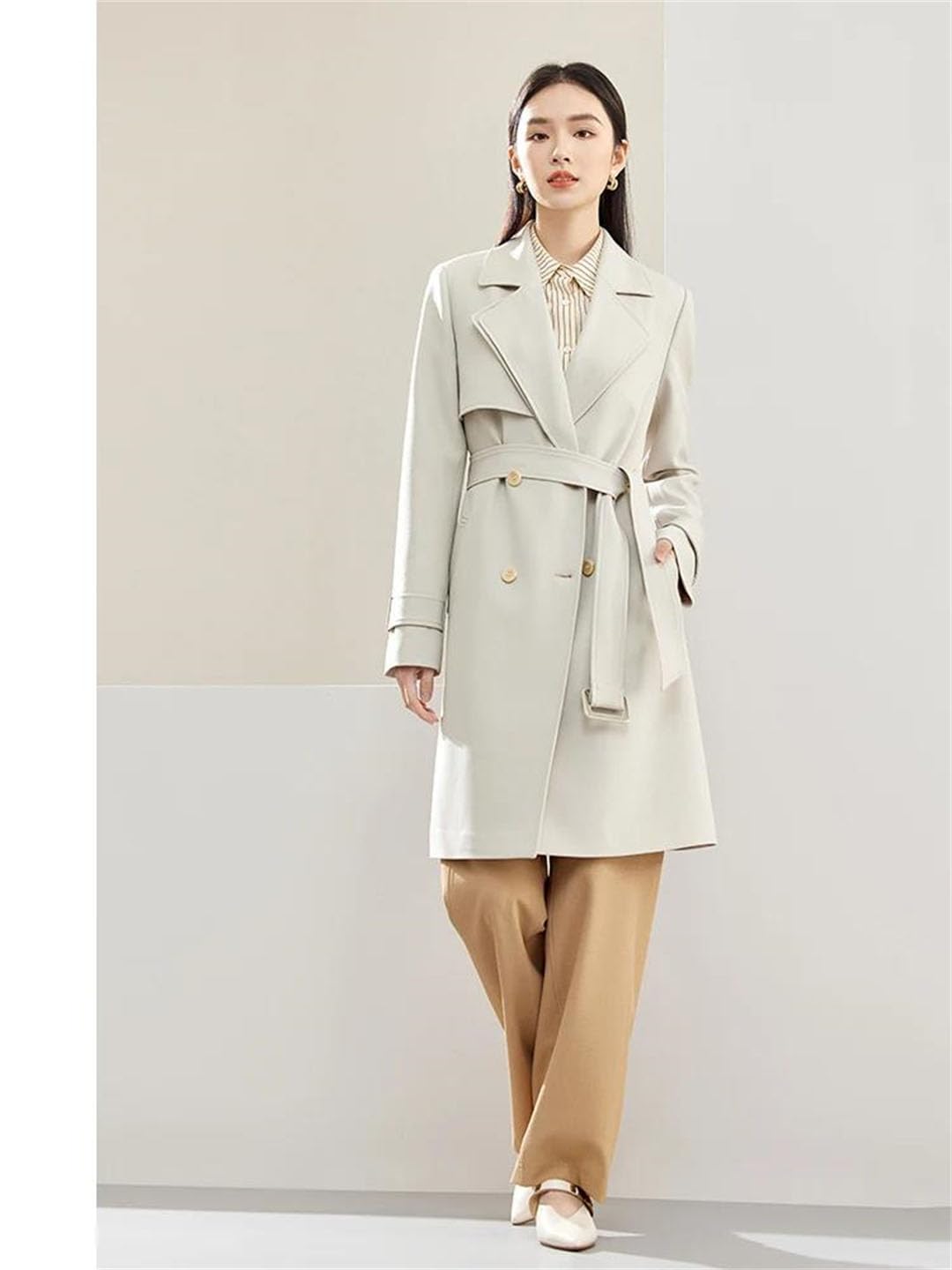 Trench da donna con doppio risvolto e cintura, stile business, doppiopetto, mezza lunghezza