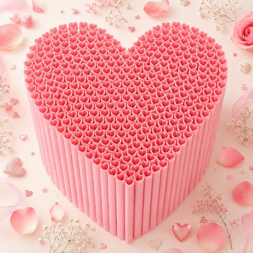 100PCS Individually Wrapped Heart Shaped Pink Straws Disposable Cute Plastic Straws for 12 to 16 oz cups Galentines Day Cocktail Birthday Party Bridal Shower Wedding Decorations
