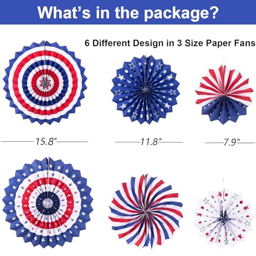 Image of 9PCS 4th of July Decorations Red White and Blue Paper Fans, USA Pennant Bunting, Star Streamers, Patriotic Tablecloth for Fourth of July Party Supplies, Memorial Day Veterans Day Patriotic Decor