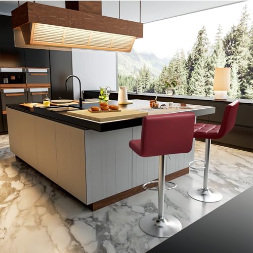 Image of Homall Bar Stools Modern PU Leather Adjustable Swivel Barstools, Armless Hydraulic Kitchen Counter Bar Stool Extra Height Square Island Barstool with Back Set of 2 (Wine Red)