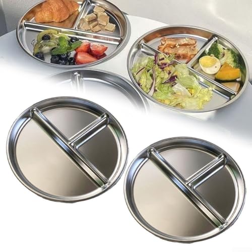 BlesConi Plato dividido de acero inoxidable de 9 pulgadas con 3 secciones para control de porciones, bandeja redonda irrompible para el hogar, al aire libre, picnic