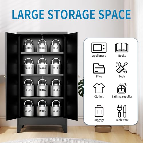 Image of 48 inch H Black Steel Pantry Storage Cabinet with 3 Adjustable Shelves | 4-Tier Tall Metal Cabinets for Kitchen, Living Room, Garage, Heavy Duty Freestanding Utility Cabinet, Assembly Required