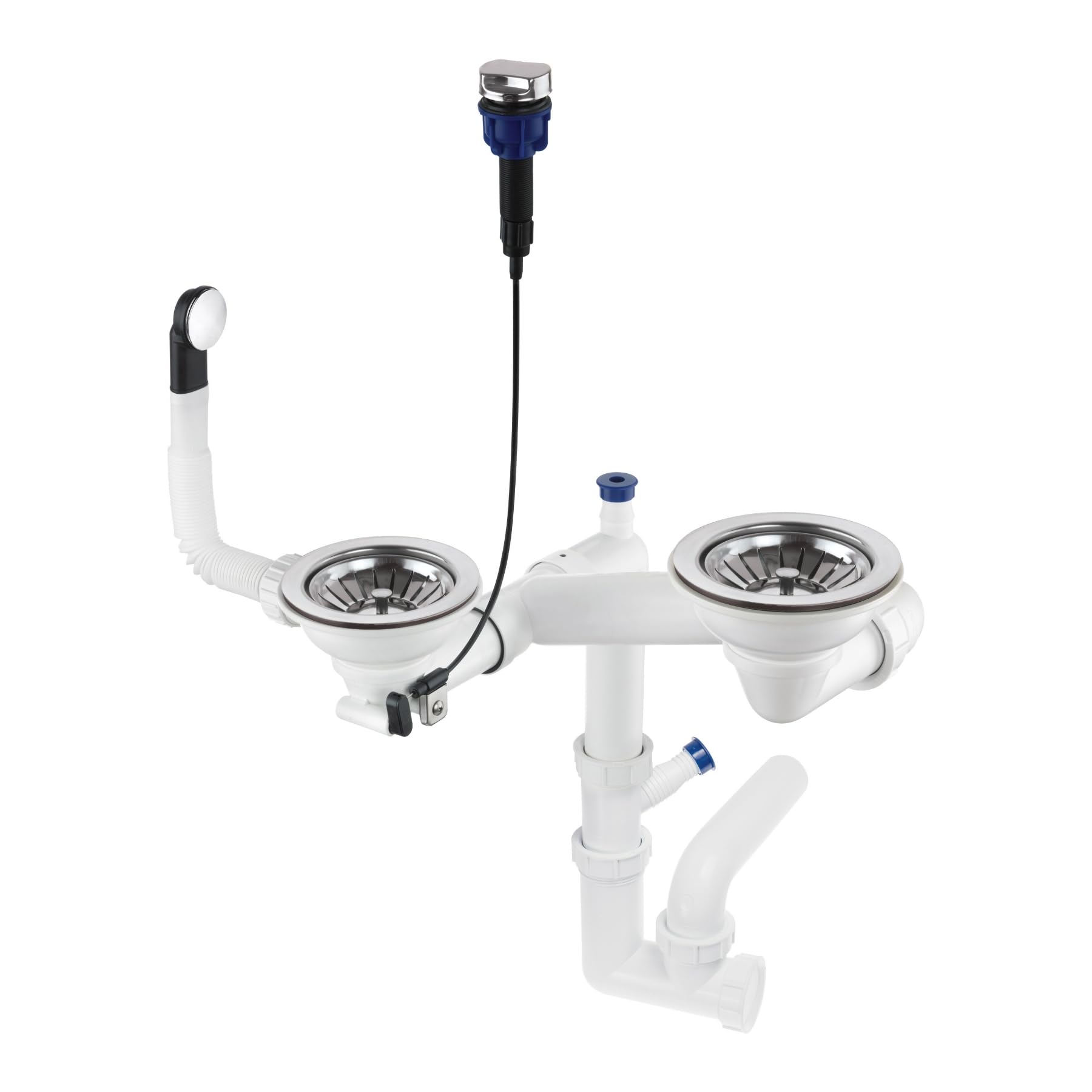 GRANMASTER Sifone da Cucina Lavello automatico salvaspazio a 2 camere con troppopieno - Raccordo di scarico per lavello - Attacco sul fondo: cestello da 1 1/2" valvola eccentrica 3 1/2" - 30x25x35cm