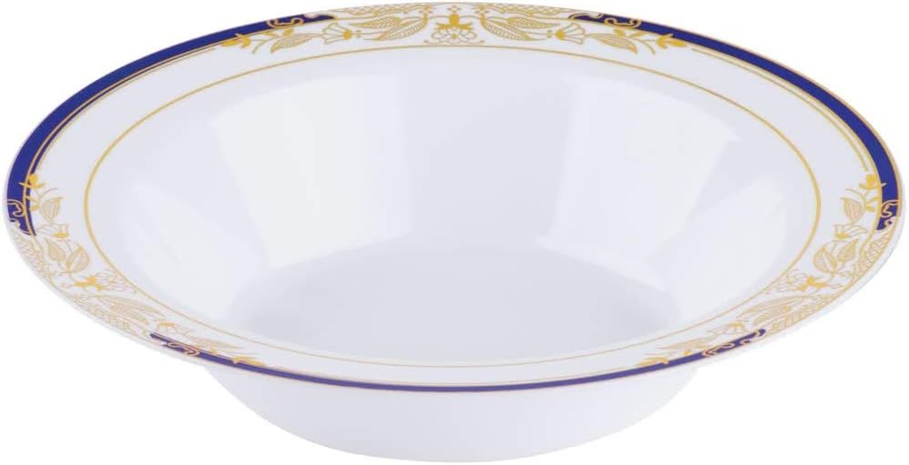 Elegant China-Look Re-usable Plastic Party Bowls/Soup Bowls - 12oz (340ml) - White/Gold/Cobalt Blue - Pack of 10