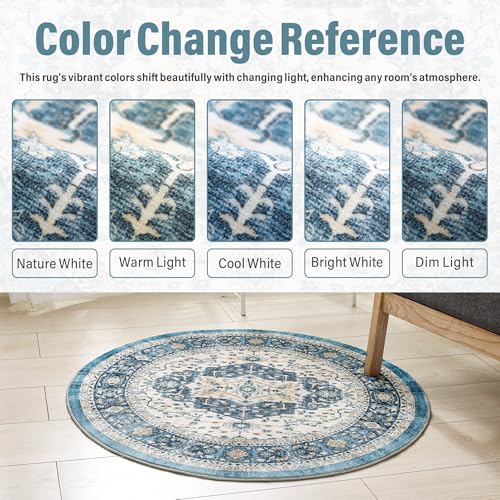 Image of Carvapet 4ft Round Rug Dark Blue Vintage Washable Low Pile Circle Rugs