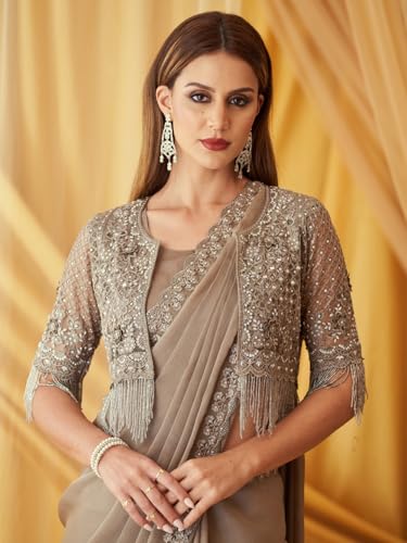 Image of AKHILAM Women's Georgette Embellished Saree With Unstitched Blouse Piece