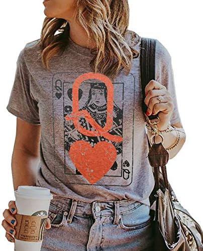 Q of Hearts T-Shirt Women Vintage Graphic Tee Casual Letters Print Short Sleeve Tops (Grey, Large)