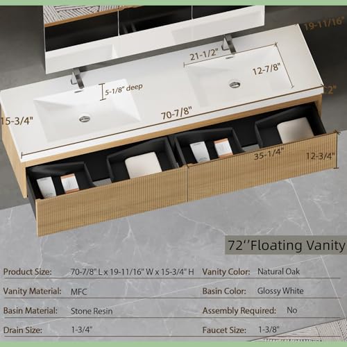 Image of Wall Mounted Bathroom Sink Vanity, Modern 72 inch Floating Vanity with 2 Resin Top Basins and 2 U-Shaped Soft-Close Storage Drawers, Striped Bathroom Storage Cabinet with Invisible Handle, Wood