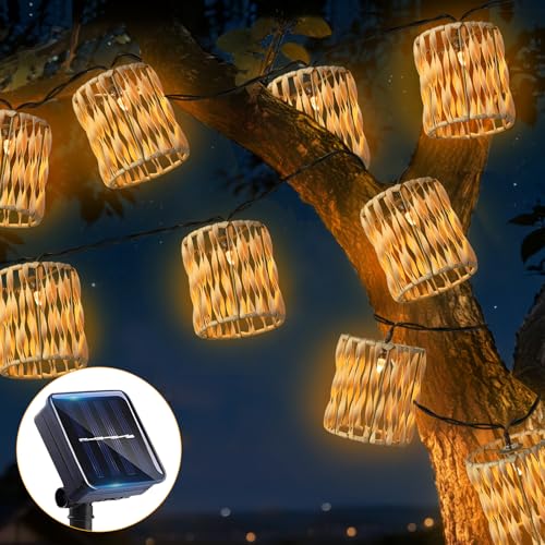 Guirlande Lumineuse Solaire d'Extérieur, Lot de 10 Lampes LED Cylindriques Résistantes aux Intempéries de 3,6m, Guirlande Lumineuse Solaire en Rotin,...