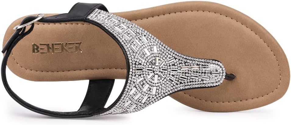 長く使える設計！BENEKER レディース ラインストーン Tバック フラットサンダル Tストラップ ファッションサンダル アンクルストラップ サマ 調整可能