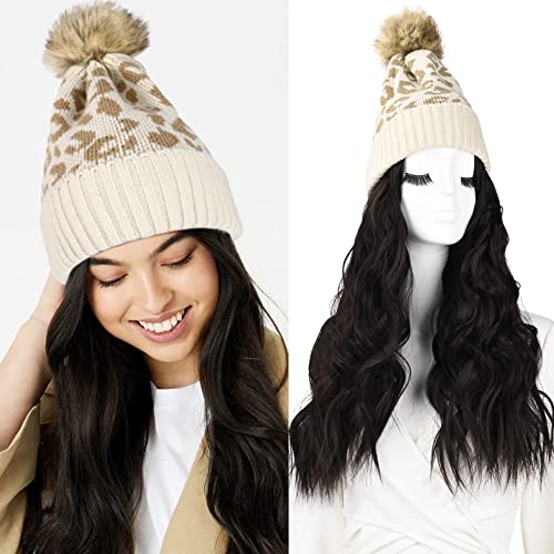 LONAI Beanie Hat Wig,Knit Hat with Hair for Women, Leopard Hat Wig with 18" Black Brown Long Wavy Hair Extension for Winter-White and Brown Leopard Hat with Black Brown Synthetic Hair