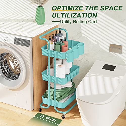 3-Tier Rolling Mobile Utility Cart With Hanging Cups & Hooks & Handle Multifunctional Organizer Storage Trolley Service Cart With Wheels Easy Assembly For Office, Bathroom, Kitchen (Blue) #TOP1