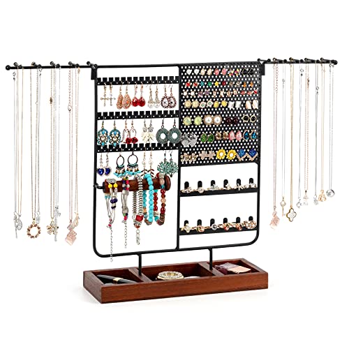 QILICZ Présentoir à bijoux pour boucles d'oreilles, porte-chaîne - Amovible arbre à bijoux avec base en bois - Support de montre pour bagues, boucles d'oreilles, bracelets, montres et accessoires Cover