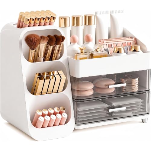 Image of Booklov Makeup Organizer for Vanity, Large Capacity Cosmetic Display Case with Clear Acrylic Drawer, Countertop Beauty Storage Holder for Skincare, Brush Eyeshadow Lipstick Counter Desk, Crystal White