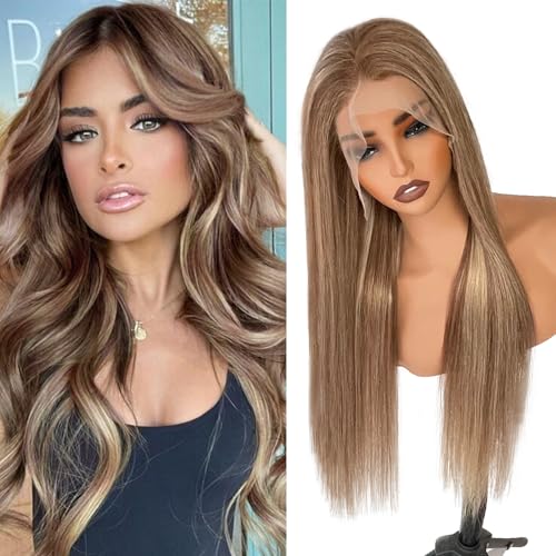 Image of Munx Highlight Straight Lace Front Wigs Human Hair, Pre Plucked Ombre Brown 13x4 HD Transparent Lace Front Wigs Balayage Chestnut Brown Mixed Blonde 180% Density Full Frontal Wigs Long 32in