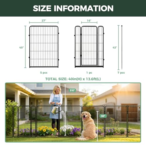Image of FXW Garden Fence Outdoor for the Yard - 40in(H) x 13.6ft(L) Heavy Duty Metal Animal Barrier for Dog and Rabbit, Decorative Dog Fence, 6 Panels, Black