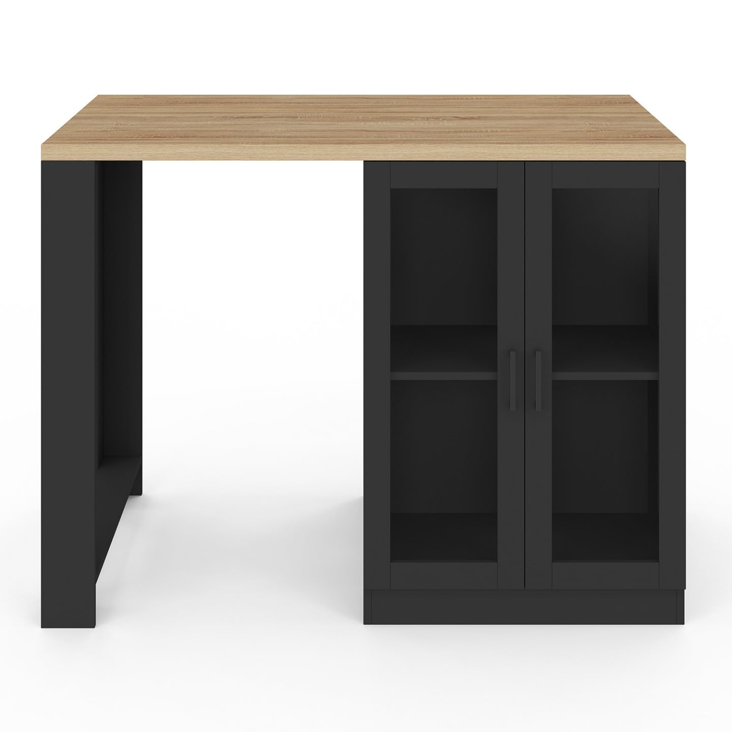 IDMarket - Ilot central LINO 120 cm 2 personnes bois noir avec plan de travail façon hêtre et portes vitrées