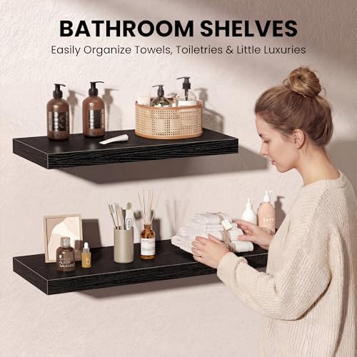 Image of Fun Memories 32 Inch Floating Shelves for Wall, Black Wood Wall Mounted Shelf with Invisible Bracket, 10 Inch Deep Large Shelves for Living Room Bathroom Bedroom, Set of 3