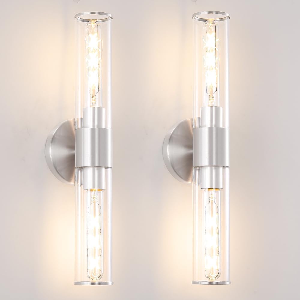 Brushed Nickel Bathroom Sconces Set of 2, Modern Wall Sconce Lighting with Clear Glass, Harded Wired Wall Sconces Set of Two, Wall Light Fixtures over Mirror, Sconces Wall Lighting for Laundry, Porch
