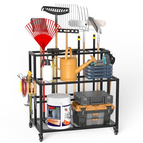 Anvuda Almacenamiento de herramientas de jardín resistente, organizador de herramientas de jardín de 3 niveles, estante de almacenamiento de herramientas rodante con ruedas universales bloqueables, Anvuda Almacenamiento de herramientas de jardín resistente, organizador de herramientas de jardín de 3 niveles, estante de almacenamiento de herramientas rodante con ruedas universales bloqueables,