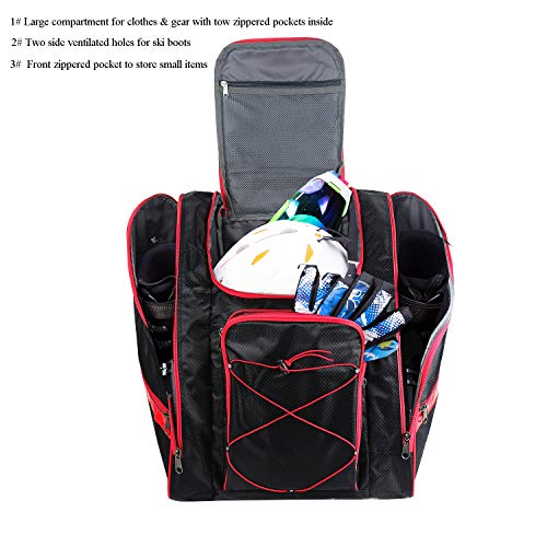 Papazau Ski Boot Bag – Skiing And Snowboarding Travel Backpack – Stores Gear Including Jacket, Helmet, Goggles, Gloves & Accessories (Red Trim) #TOP1