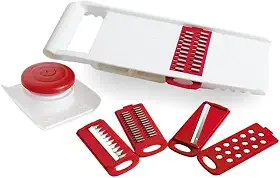Cortador e Ralador Multifuncional Manual 5 em 1 – 28 cm | Fatiador de Legumes com Lâminas de Aço Inox, Corte Fino, Grosso, Ondulado e Ralador Profissional