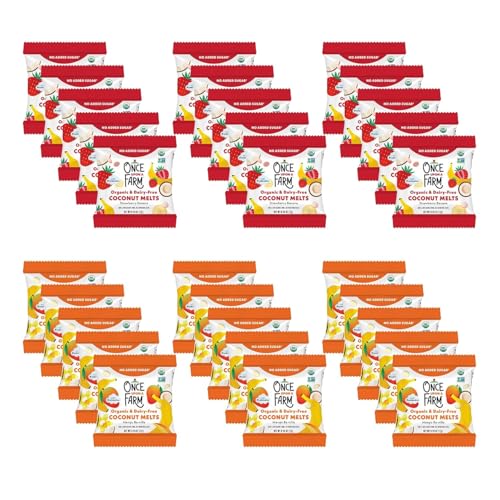 Once Upon A Farm Organic Coconut Melts Variety Pack with Probiotics Strawberry Banana & Mango-Banilla Dairy Free Non GMO Kosher .25 oz (Pack of 30)