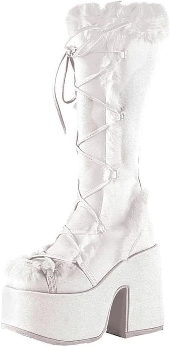 KISTANIA Women's Knee High Platform Boots Chunky Heel Lace-Up Faux Fur Furry Platform Boots