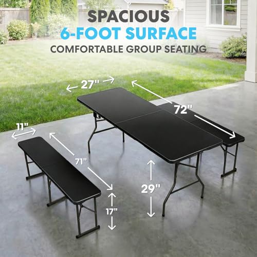 Image of Simpli-Magic 6 Foot Folding Picnic Table Set with 2 Benches Portable Indoor Outdoor Camping Table for Working Meeting Party Picnic Weddings with Handle and Safety Locks Black